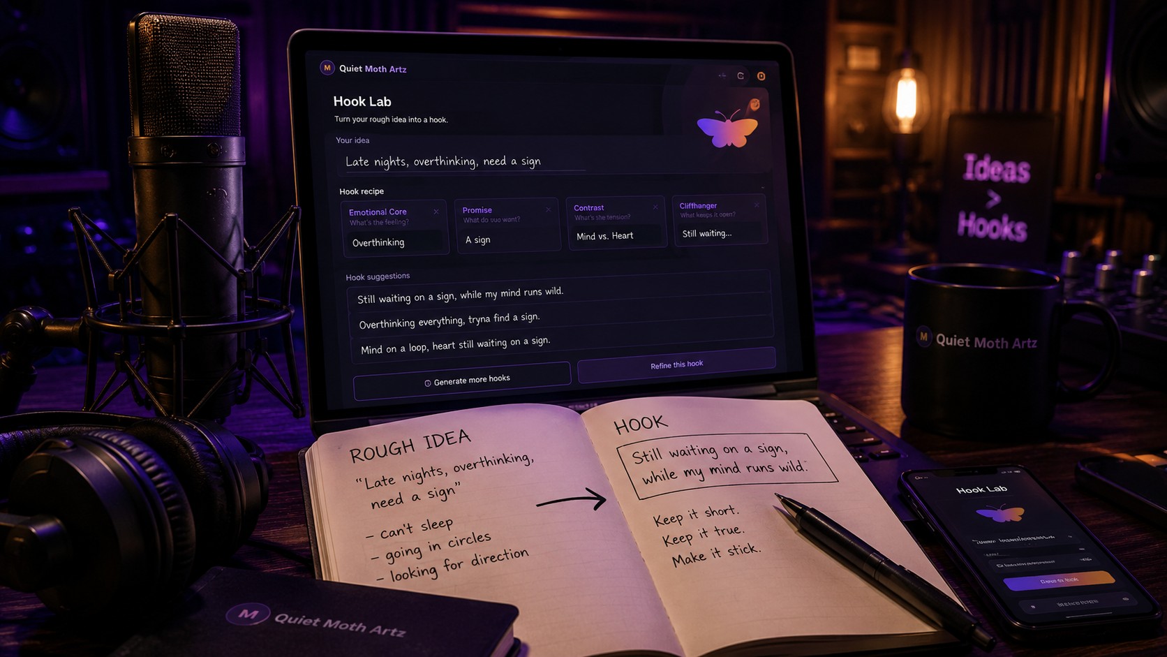 Songwriting studio desk with lyric notebook, microphone, and hook writing tools