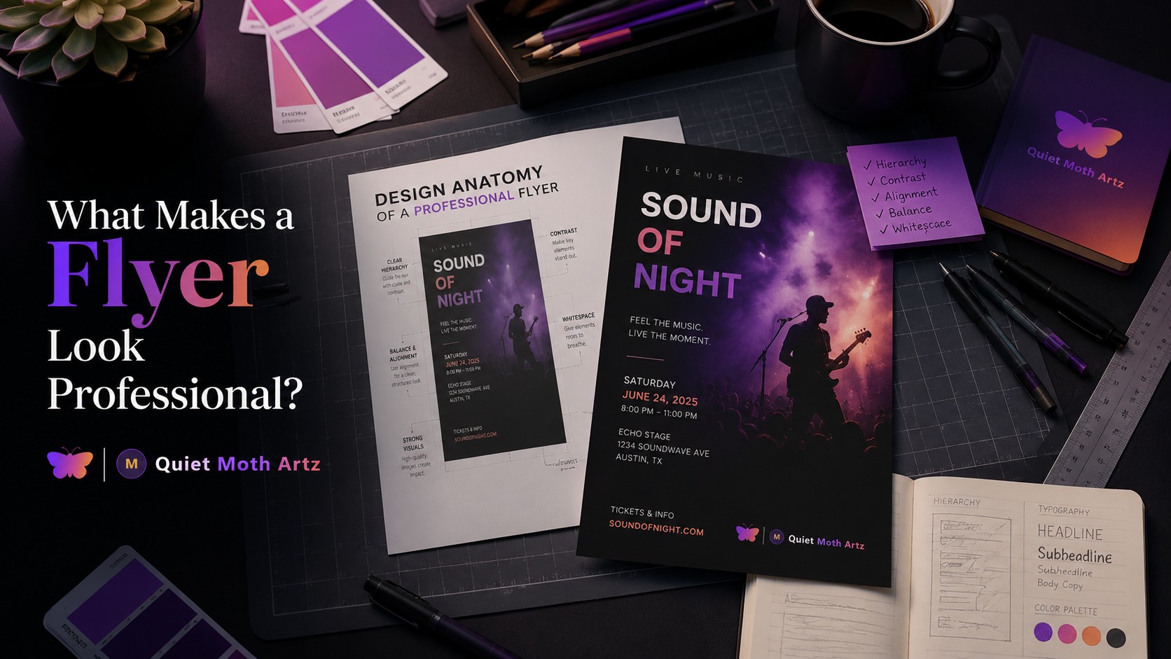 Designer workspace with professional flyer mockups and layout planning